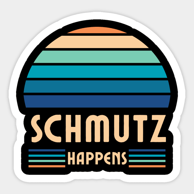 Schmutz Happens, Jewish Humor, Funny Yiddish, Retro Sunset Sticker by ProPod